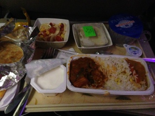 Airline meal – curry and rice, yogurt to cool the curry,naan flatbread, pasta salad (delicious but out of place), Indian style rice pudding, and water with a cup to use!