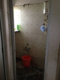 Bathroom with a shower - notice the point of use hot water heater in the corner